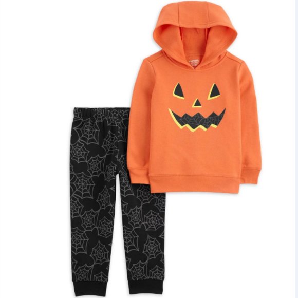 Boys 5T Pumpkin & Webs 2Pc Halloween Hoodie & Jogger Set NWT Glows in Dark - Picture 1 of 5